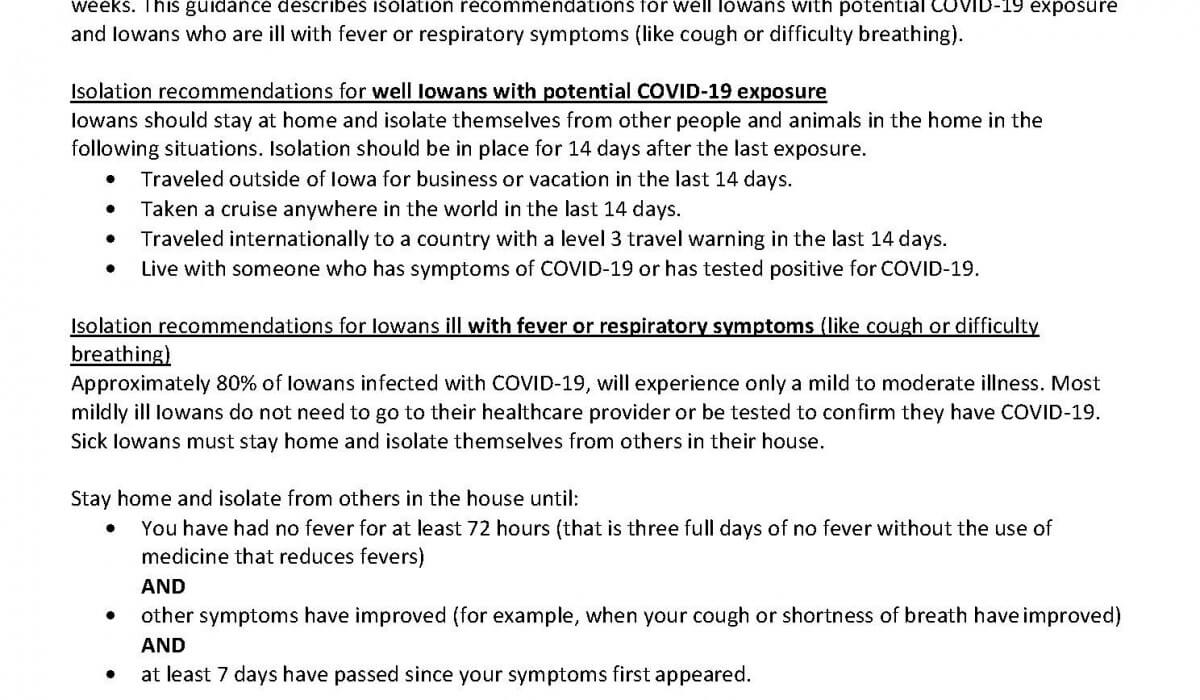 Post Photo for Isolation Guidance for Iowans